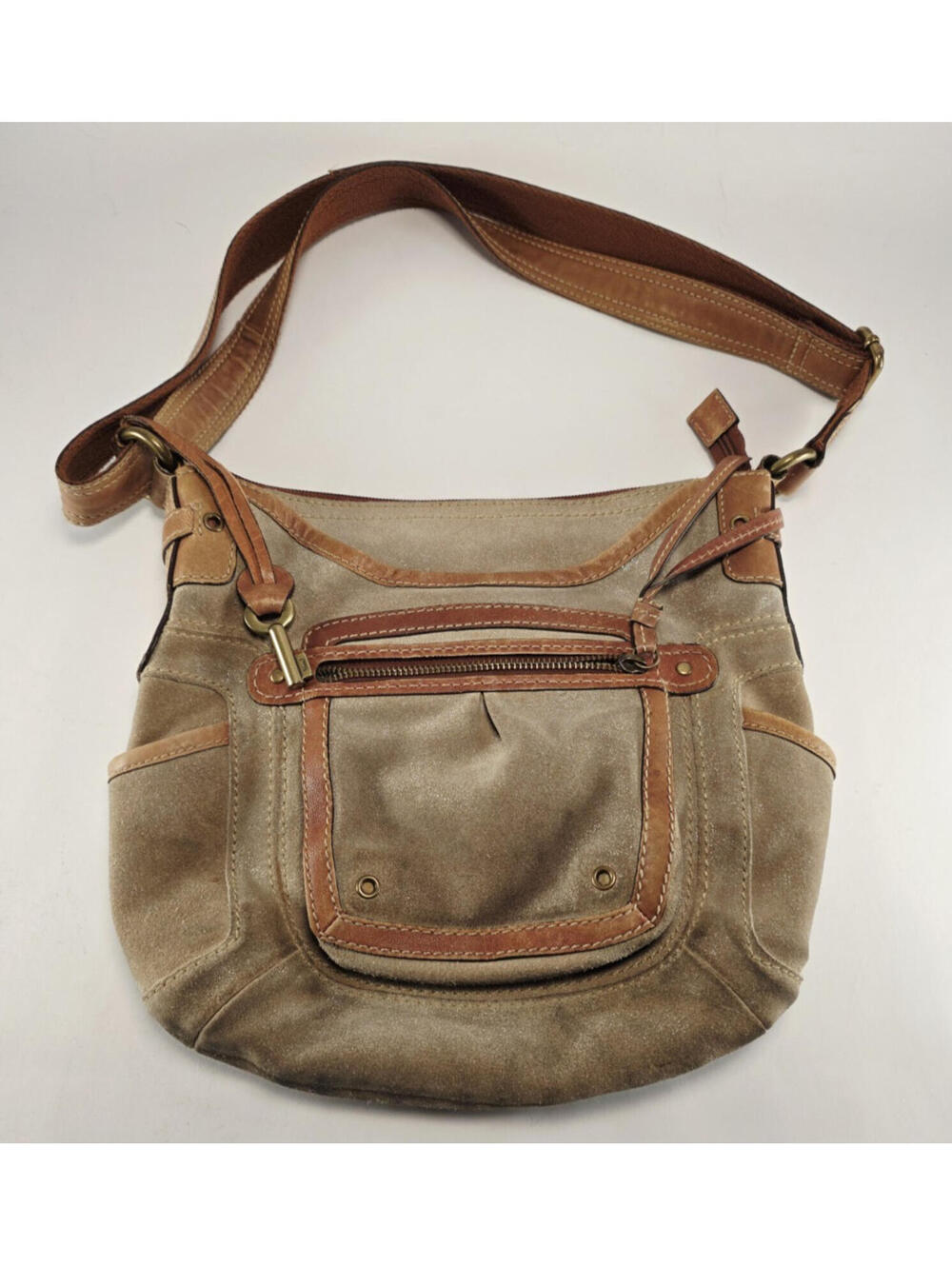 Fossil Brown Genuine Leather Shoulder Crossbody Bag Key Charm Slouch Beige